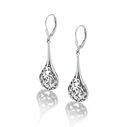 Sterling Silver Filigree Heart Raindrop Dangle Earrings, Oxidized, 47mm Length, Lever Back Closure