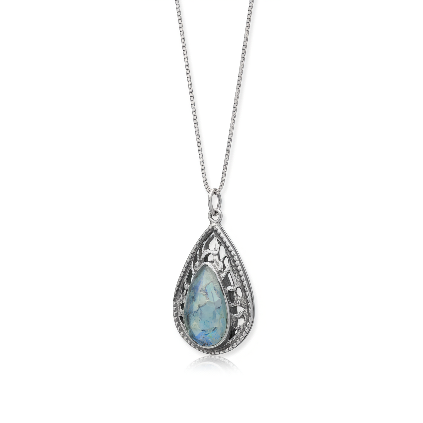 Ancient Roman Glass Necklace - Sterling Silver Oxidized Pear Cutout Pendant