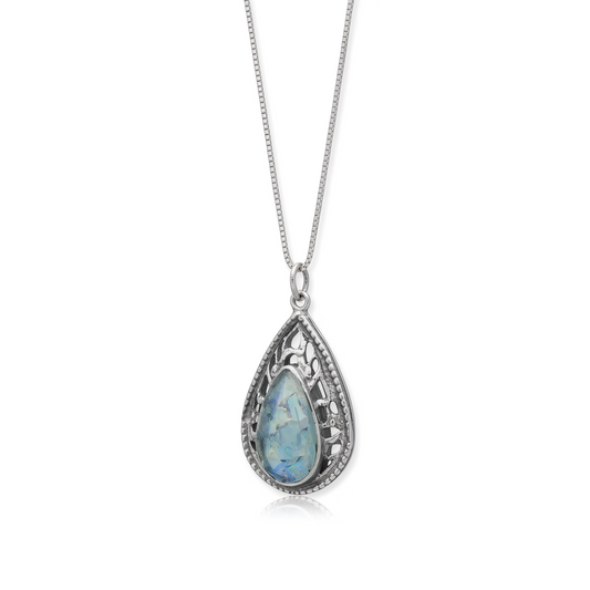 Ancient Roman Glass Necklace - Sterling Silver Oxidized Pear Cutout Pendant