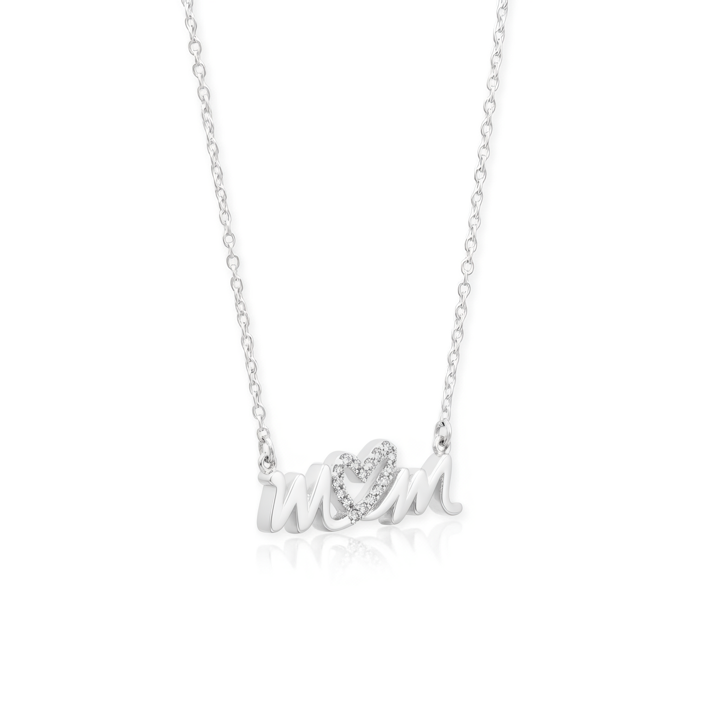 Sterling Silver CZ Heart Mom Necklace, 16 Inch Chain with 2 Inch Extender, Spring Ring Closure