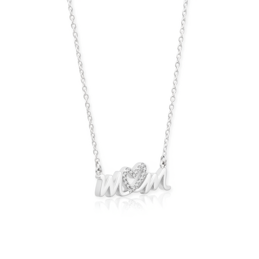 Sterling Silver CZ Heart Mom Necklace, 16 Inch Chain with 2 Inch Extender, Spring Ring Closure