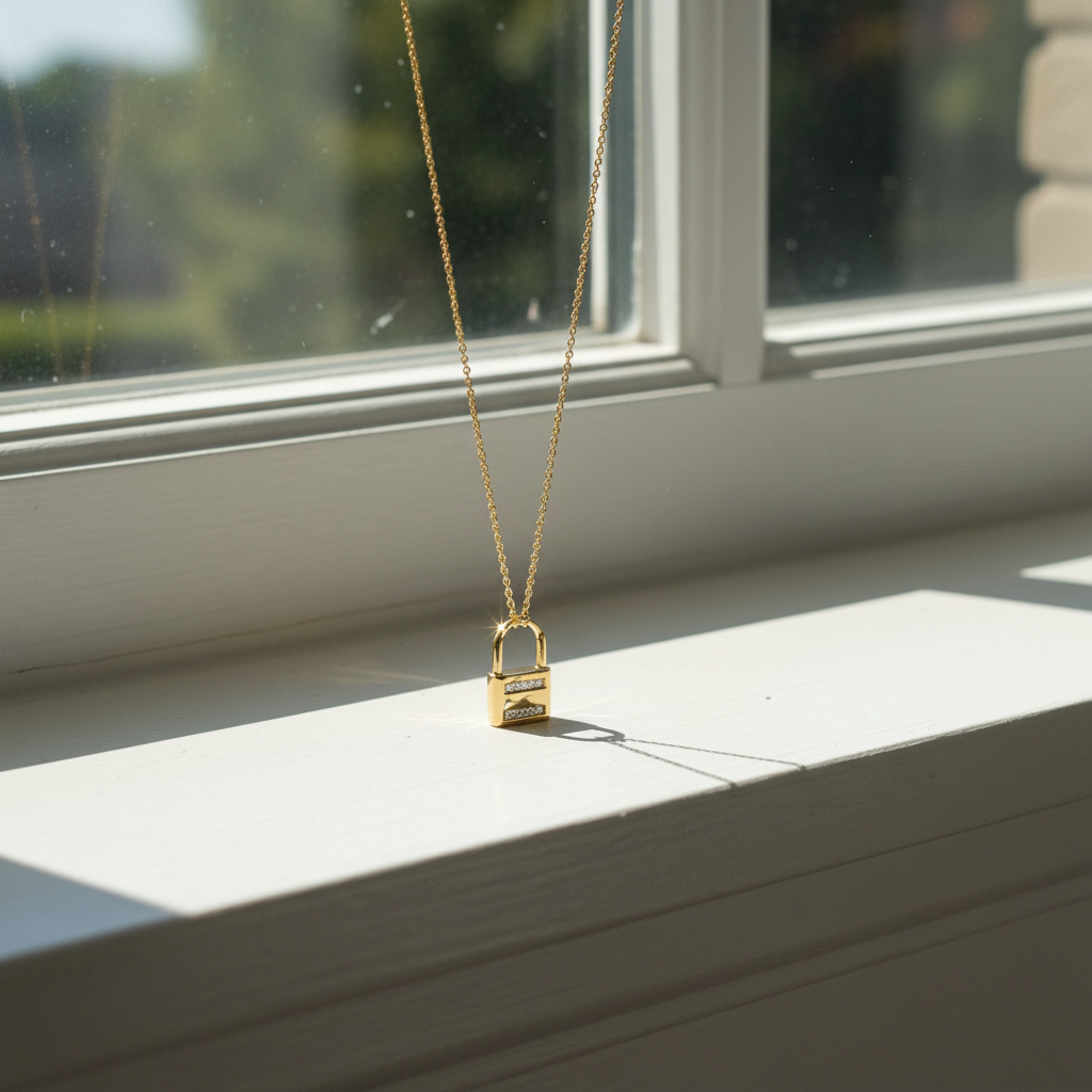 14 Karat Gold Plated Sterling Silver Lock Chain Necklace with CZ Accents, 16 Inch with 2 Inch Extender, Lobster Clasp