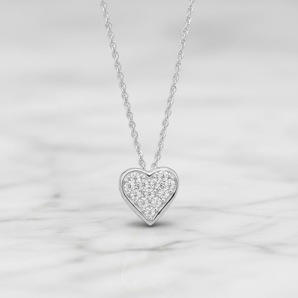 Sterling Silver Pave CZ Heart Mom Necklace, 16 Inch Chain with 2 Inch Extender, Spring Ring Closure