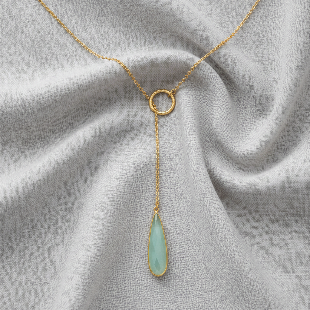 Chalcedony Drop Lariat Necklace 14K Gold Plated 925 Sterling Silver 7.5x29mm 24"