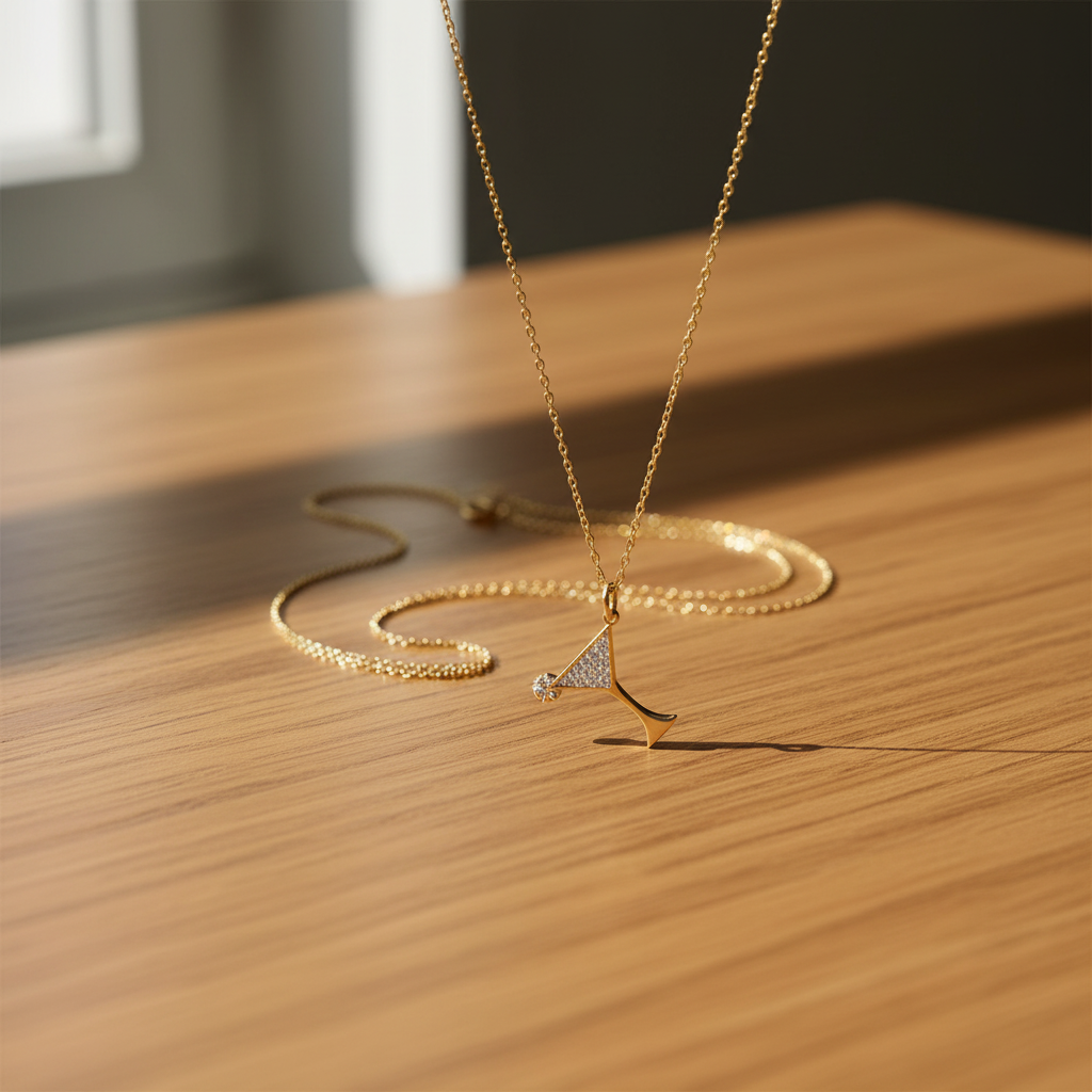 14 Karat Gold Plated Sterling Silver Martini Glass Charm Necklace with CZ, 16 Inch Cable Chain, Cocktail Pendant