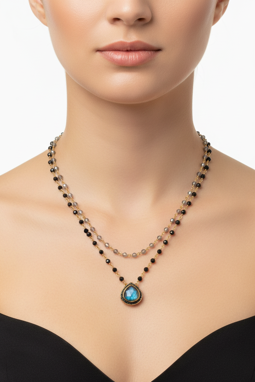 Labradorite Black Onyx Necklace 14K Gold 925 Silver Double Strand Diamond 19+20"
