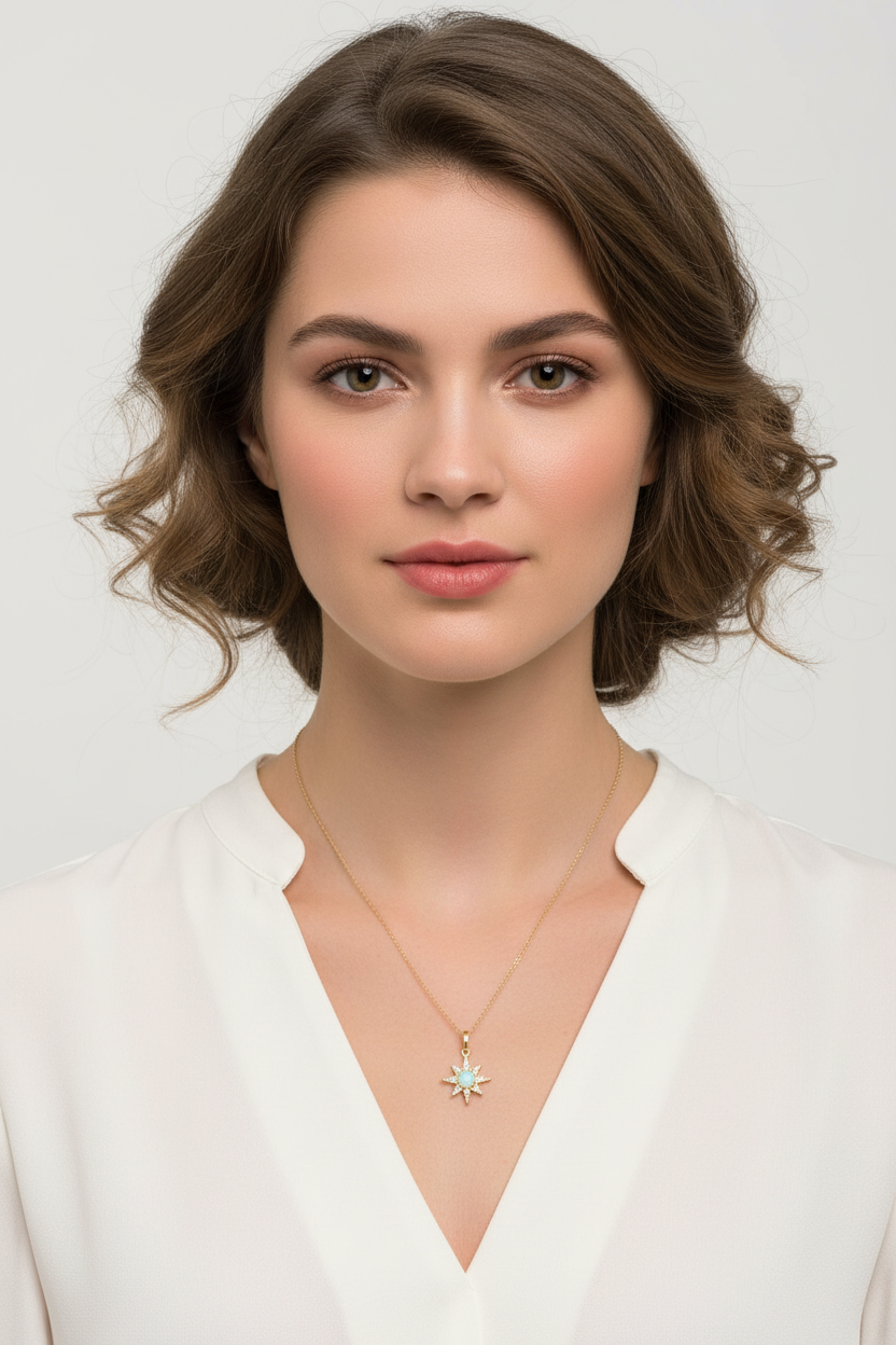 14K Gold Plated Sterling Silver North Star Necklace with CZ and Synthetic Opal, 16 Inch Chain with 2 Inch Extension