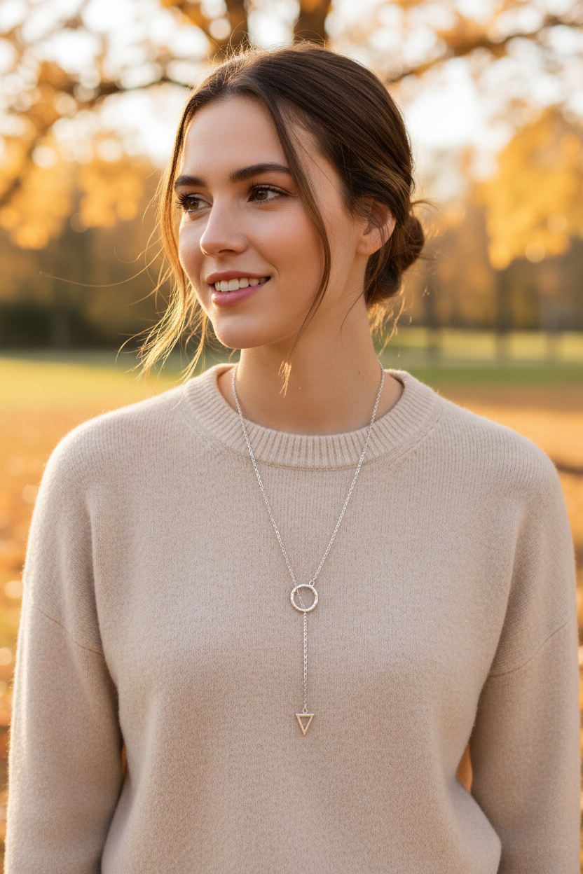 Geometric Lariat Necklace 925 Sterling Silver Circle Triangle Cutout 24 Inch