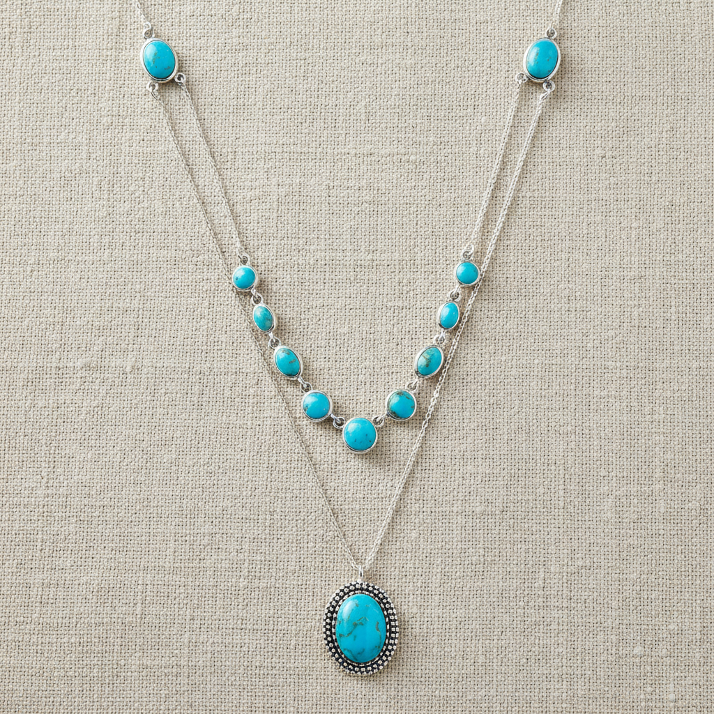 Turquoise Two Row Necklace 925 Sterling Silver Multi-Shape 10mm 18+20+2 Inch