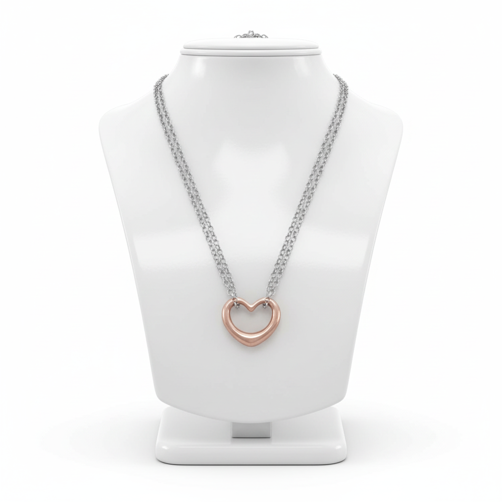 Heart Necklace - Sterling Silver Double Strand Rose Gold Pendant Italian