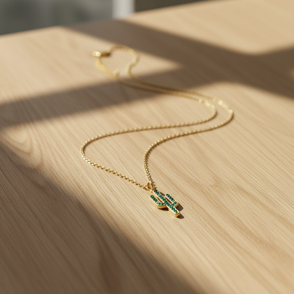 14 Karat Gold Plated Sterling Silver Saguaro Cactus Charm Necklace, Green and White CZ Flowers, 16 Inch Chain with 2 Inch Extension