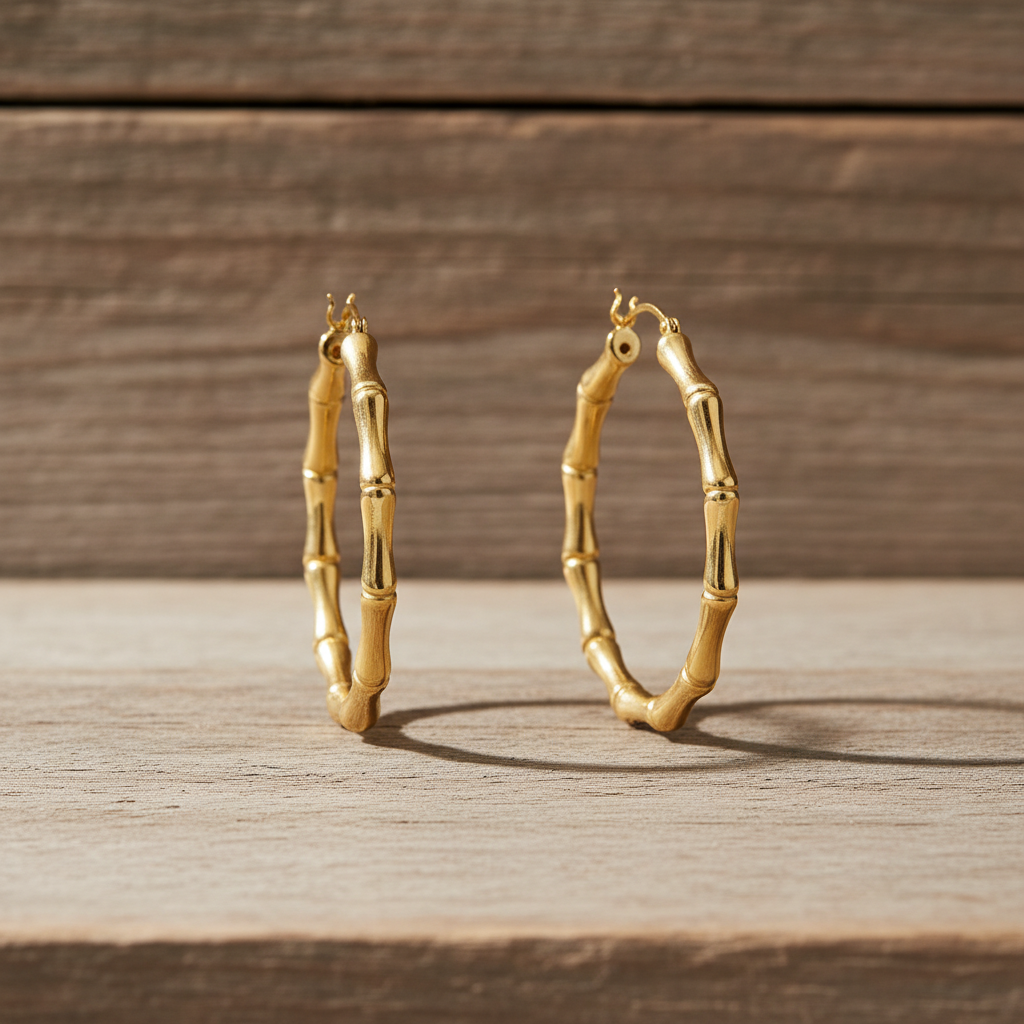Bamboo Hoop Earrings 14K Gold Plated 925 Sterling Silver 44mm 3.7mm Wide