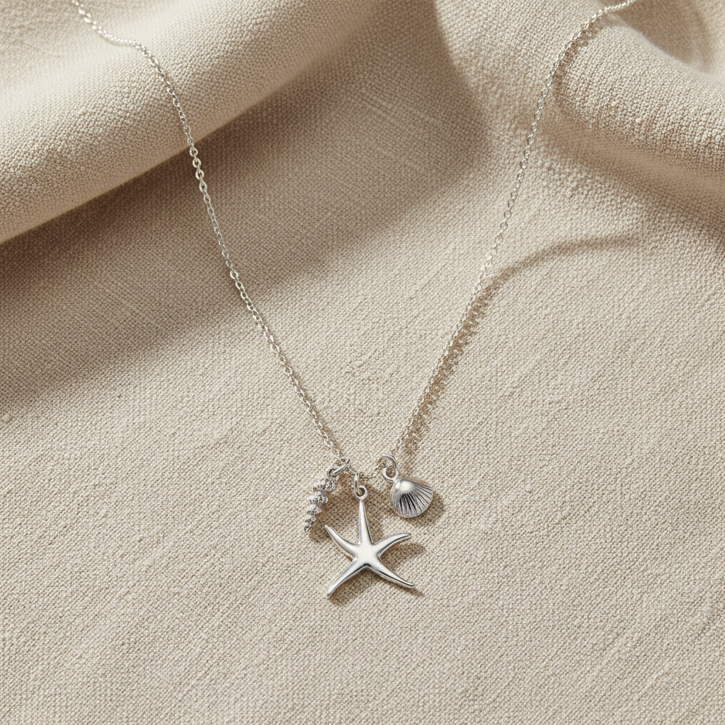 Starfish Shell Charm Necklace Rhodium 925 Silver 3D Made in Italy 16in