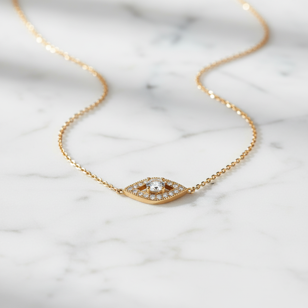 14 Karat Gold Plated Sterling Silver Evil Eye Pendant Necklace with CZ Accents, 16 Inch Chain with 2 Inch Extension