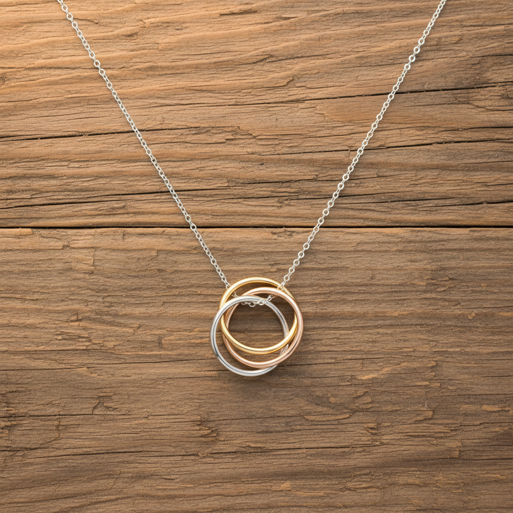 Tri Tone Ring Drop Necklace 925 Sterling Silver Yellow Rose Gold Plated 16 Inch