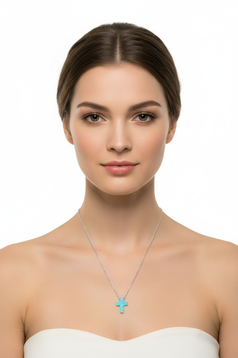 Opal Cross Necklace Rhodium 925 Sterling Silver Blue Synthetic 9mm 16+2