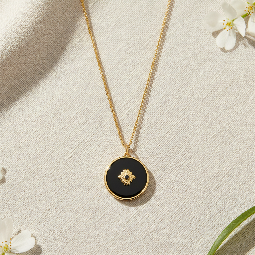 Sterling Silver Reversible Day to Night Necklace, 14K Gold Plated, Black Onyx and Mother of Pearl with CZ, 20 Inch Chain