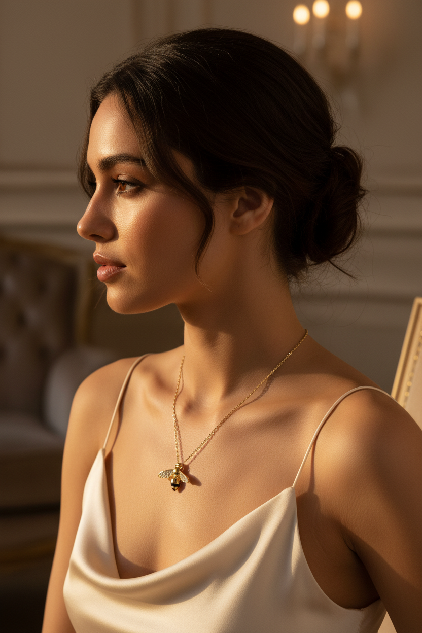 14K Gold Plated Sterling Silver Bee Necklace with Signity CZ Wings, 16 Inch Chain with 2 Inch Extension, Slide Pendant