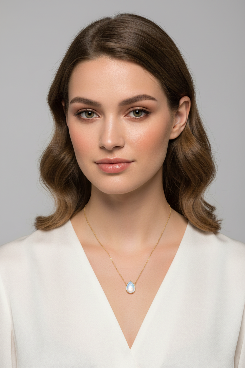 Rainbow Moonstone Necklace - 14K Gold Plated Sterling Silver Pear Pendant