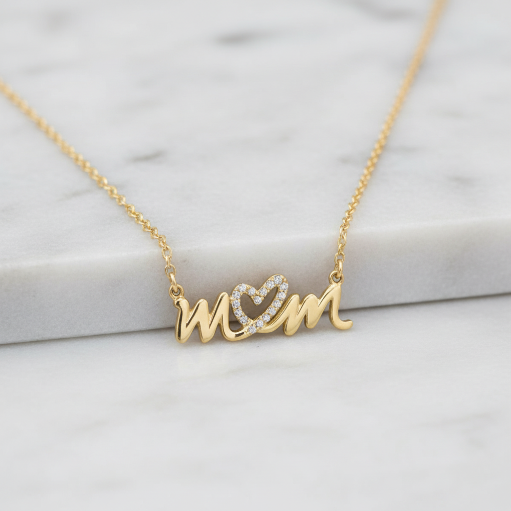 CZ Mom Necklace 14K Gold Plated 925 Silver Heart 25mm 16+2 Inch