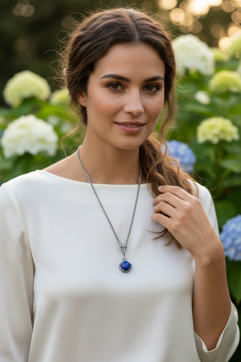 Reversible Necklace - Sterling Silver Lapis and Rainbow Moonstone Pendant