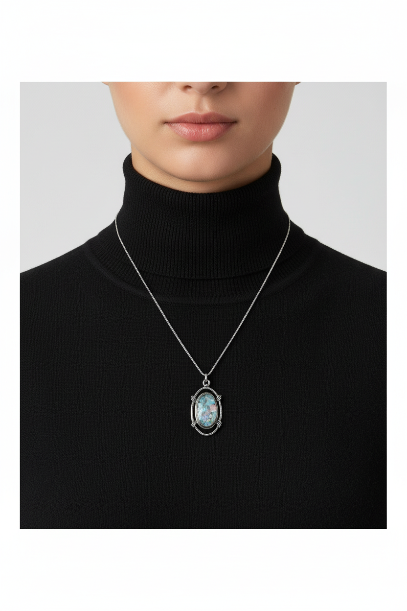 Ancient Roman Glass Necklace Oxidized 925 Sterling Silver Rope 18x30mm 18 Inch