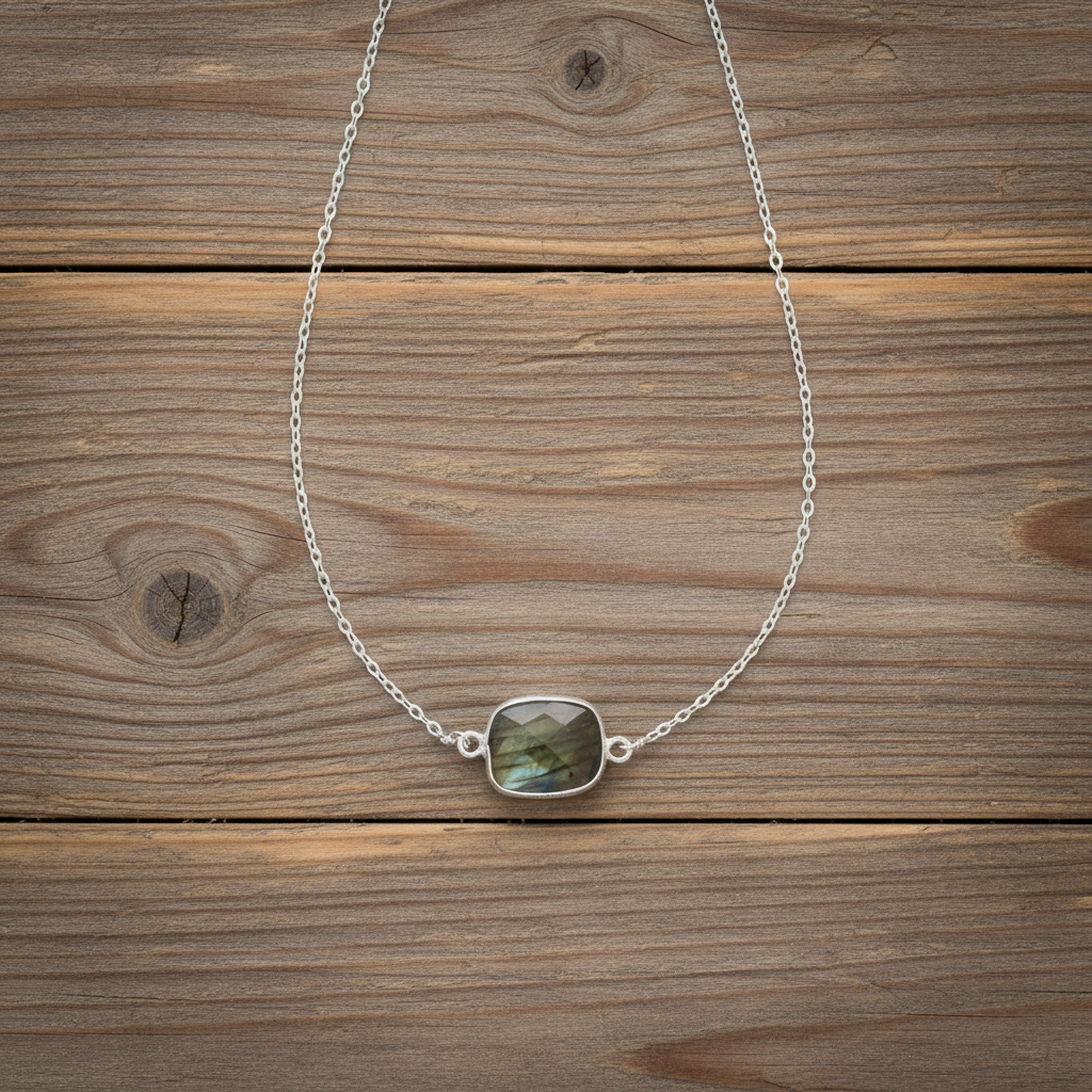 Faceted Labradorite Necklace 925 Sterling Silver 10.5x13mm 16+2 Inch