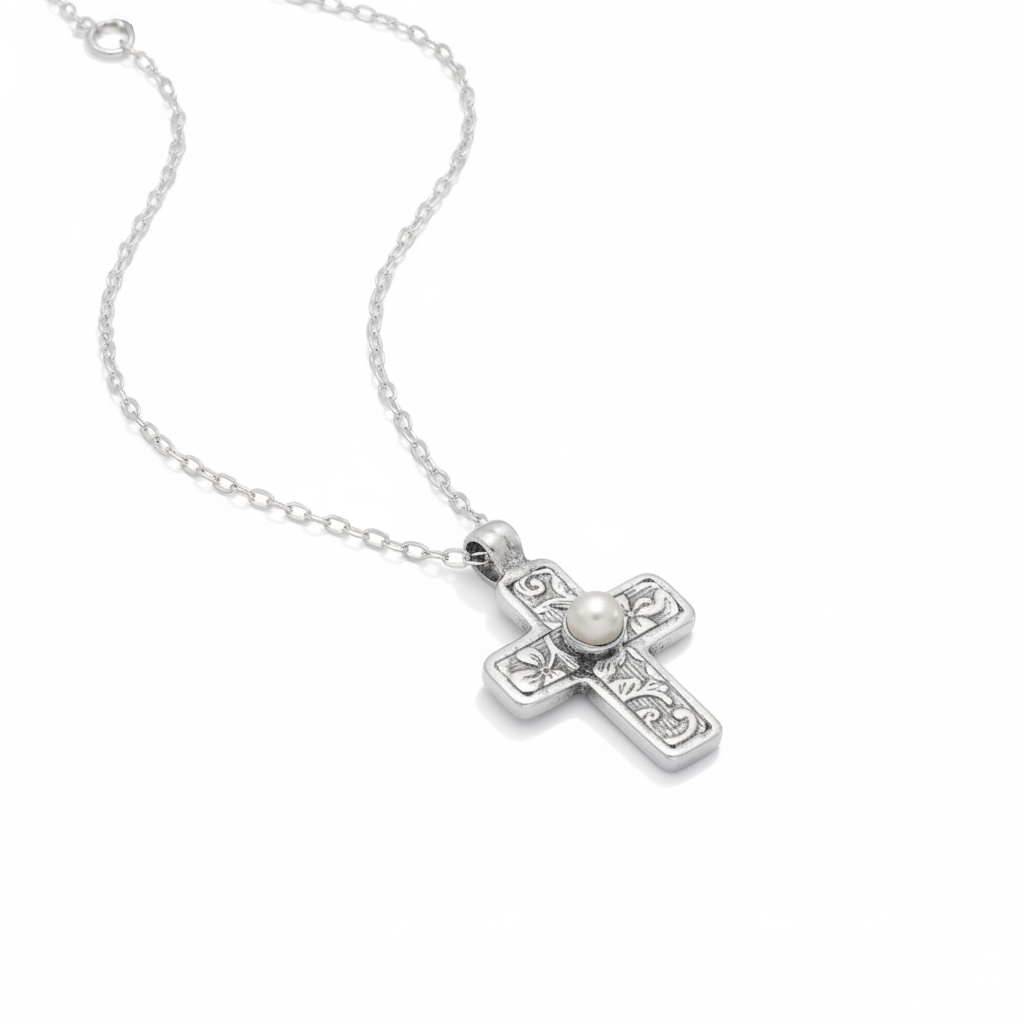 Reversible Cross Necklace - Sterling Silver Pearl Religious Jewelry