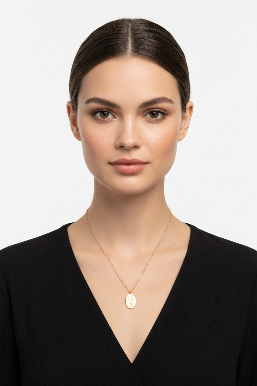Taurus Zodiac Constellation Oval Coin Necklace, 16 Inch Chain with 2 Inch Extender
