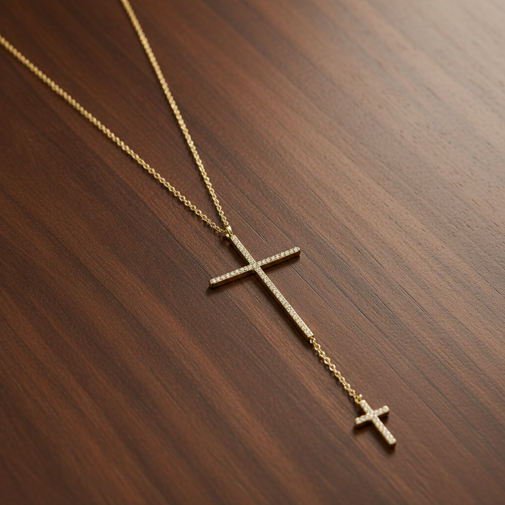 14 Karat Gold Plated Sterling Silver Necklace with Double CZ Cross Drop, 24 Inch Chain, Lobster Clasp