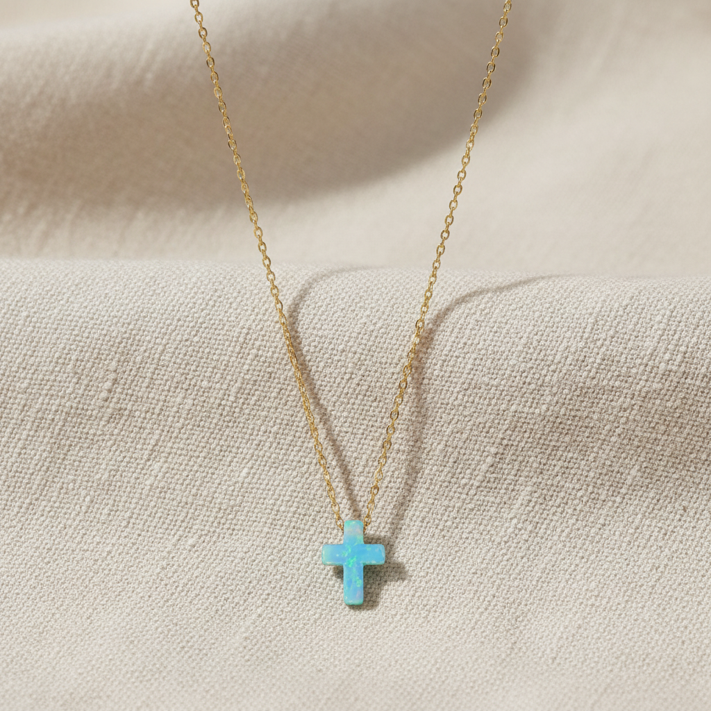 Opal Cross Necklace 14K Gold Plated 925 Silver Blue Synthetic 9mm 16+2