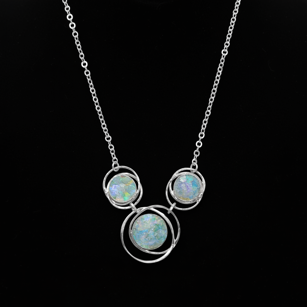 Ancient Roman Glass Necklace - Sterling Silver Abstract Circle Pendant