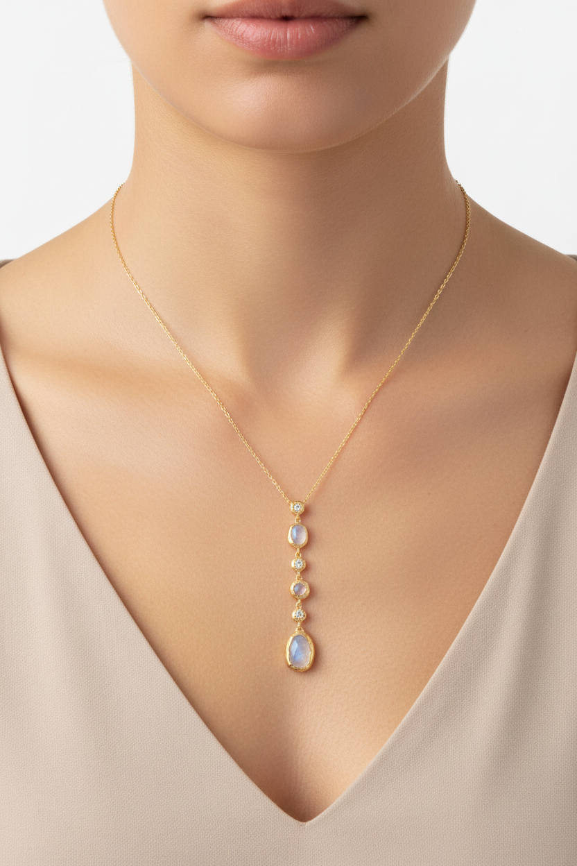 14 Karat Gold Plated Sterling Silver Rainbow Moonstone Drop Necklace, CZ Accents, 16 Inch Chain with 2 Inch Extender