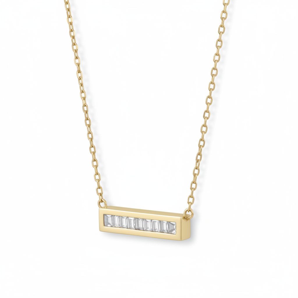 14 Karat Gold Plated Sterling Silver Bar Necklace, 16 Inch Cable Chain with 2 Inch Extension, CZ Pendant, Lobster Clasp