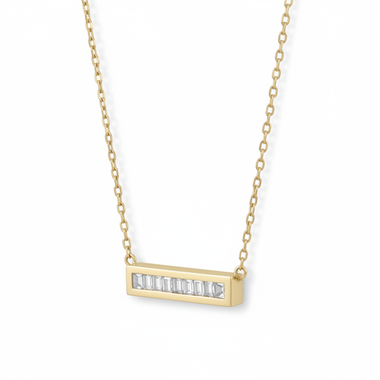 14 Karat Gold Plated Sterling Silver Bar Necklace, 16 Inch Cable Chain with 2 Inch Extension, CZ Pendant, Lobster Clasp