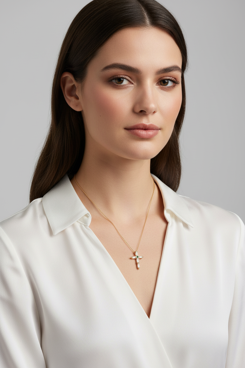Sterling Silver Cross Pendant Necklace with White Baguette CZ, Green Center Stone, 16+2 Inch Gold Plated Chain