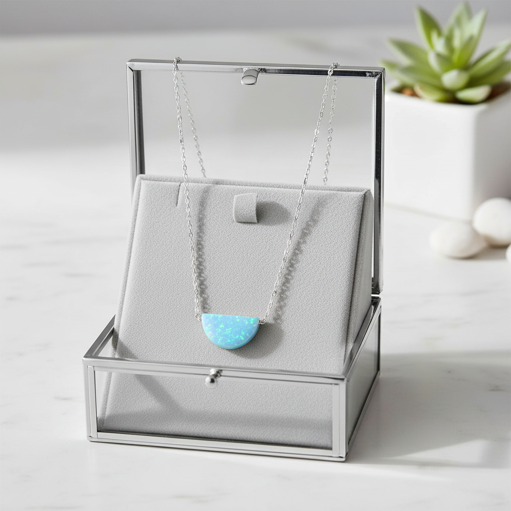 Opal Semicircle Necklace Rhodium 925 Silver Blue Synthetic 9x15mm 16+2