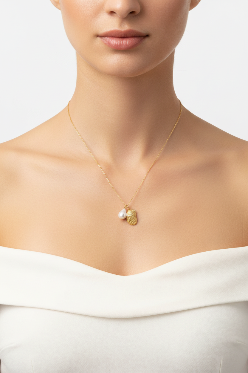 Baroque Pearl Necklace - 14K Gold Plated Sterling Silver Shell Pendant