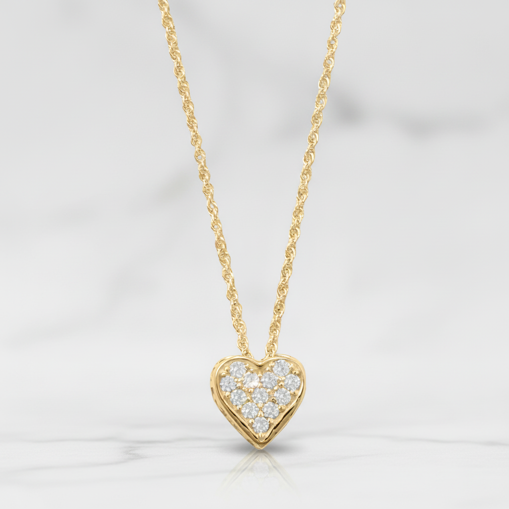 14 Karat Gold Plated Sterling Silver Heart Mom Necklace, Pave CZ Pendant, 16 Inch Chain with 2 Inch Extender