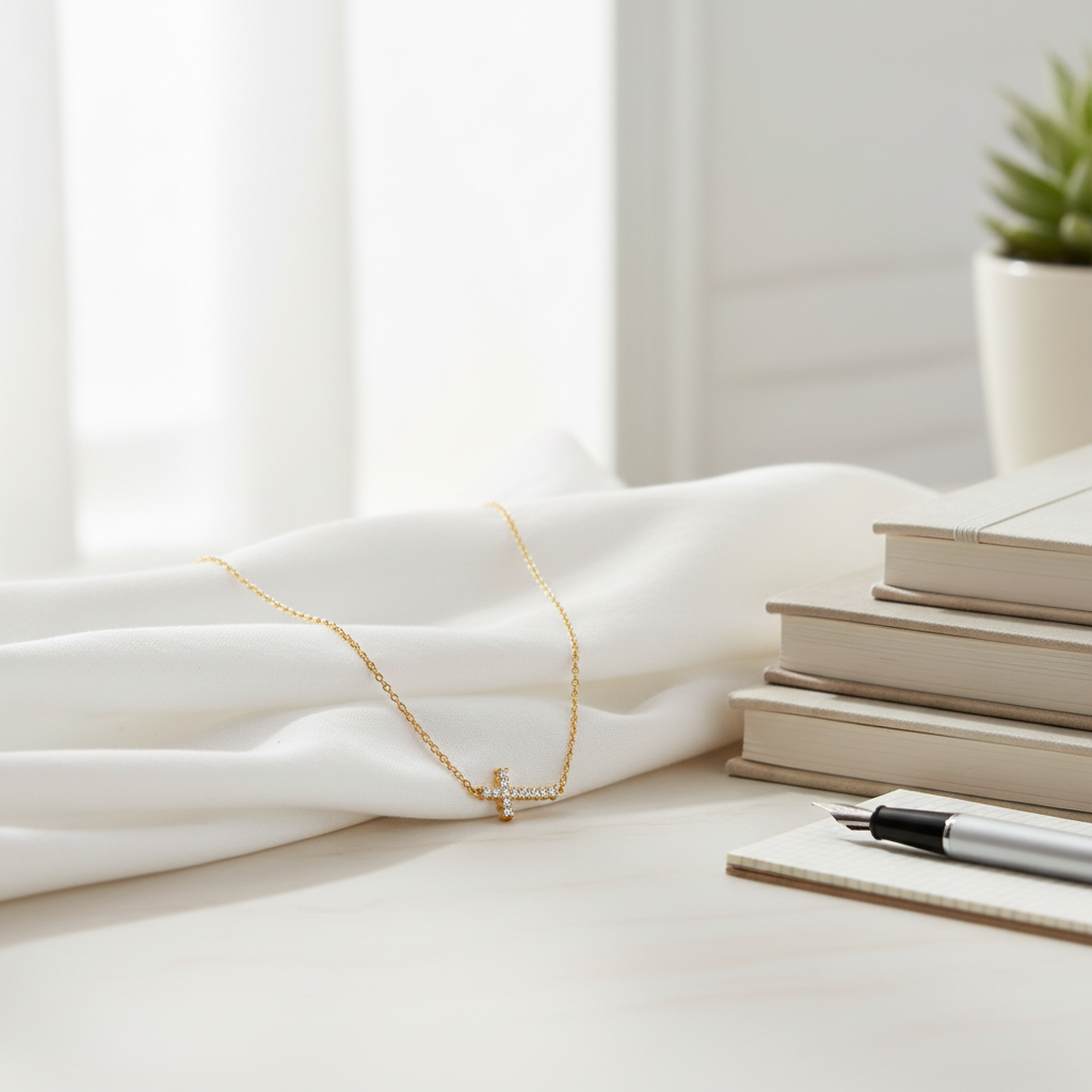 14 Karat Gold Plated Sterling Silver Necklace with Sideways CZ Cross, 16 Inch Chain, Lobster Clasp