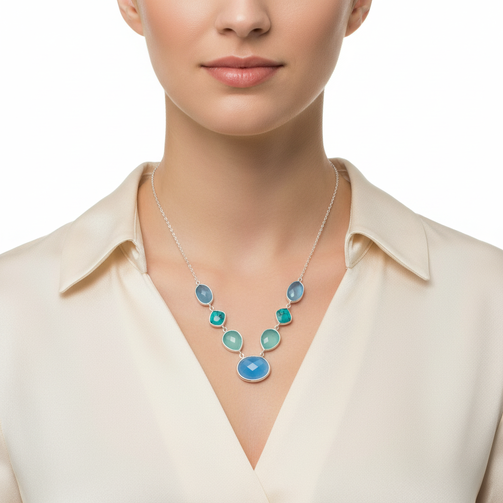 Multi-Stone Necklace - Sterling Silver Turquoise and Chalcedony Statement
