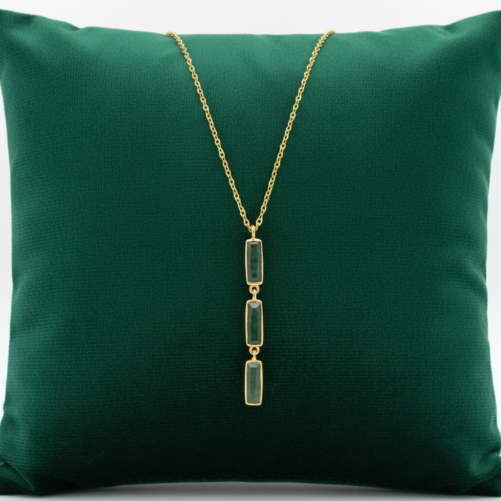 Moss Agate Drop Necklace 14K Gold Plated 925 Silver Baguette 18+2