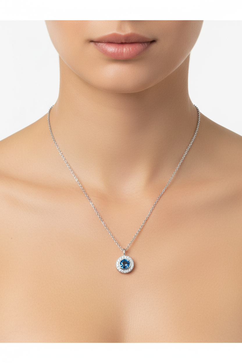 Luxe Rhodium Plated Sterling Silver Labradorite Necklace with CZ Halo Pendant, 16 Inch Chain with 2 Inch Extender, .925 Silver