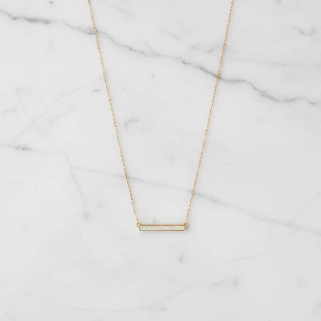 Synthetic White Opal Bar Necklace 14K Gold Plated 925 Sterling Silver 16+2"