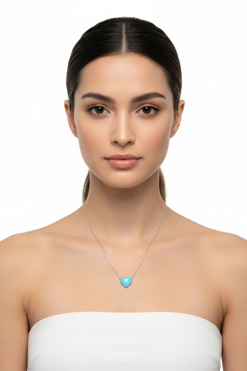 Opal Heart Necklace Rhodium 925 Sterling Silver Blue Synthetic 9mm 16+2