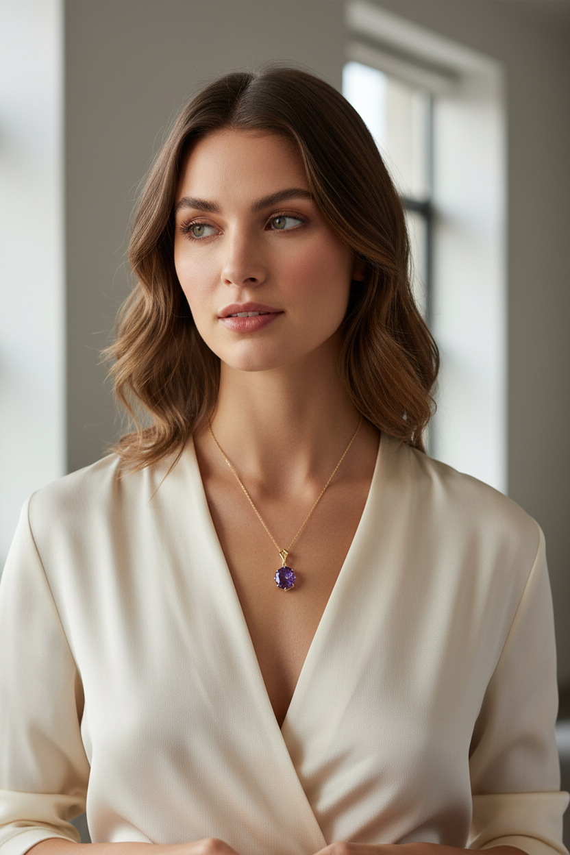 Amethyst Necklace 14K Gold Openwork Pendant 12x10mm 18 Inch Gift Box
