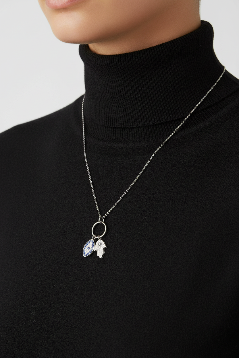 Sterling Silver Hamsa and Evil Eye CZ Pendant Necklace, Rhodium Plated, 16 Inch Chain with 2 Inch Extension, clear and blue CZs