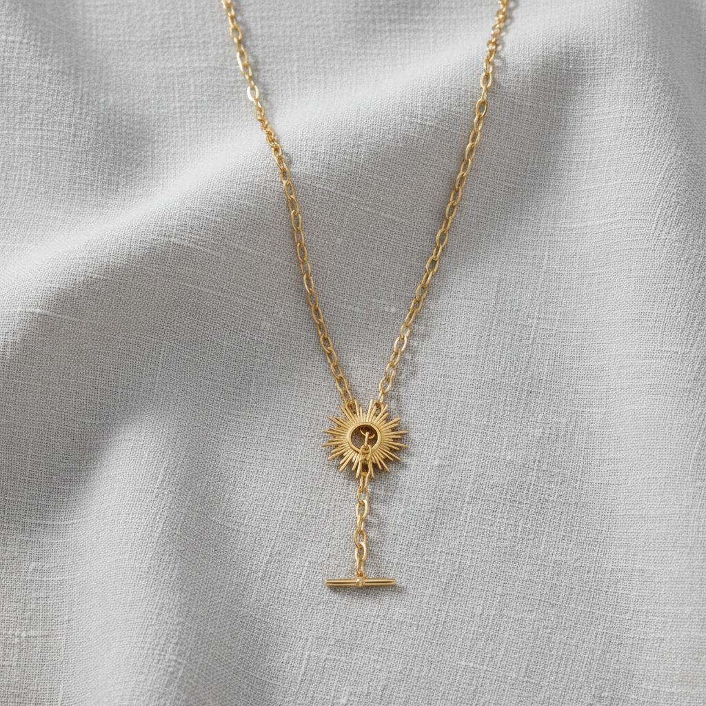 Sunburst Toggle Necklace 14K Gold Plated 925 Silver 20.5mm 16.5 Inch