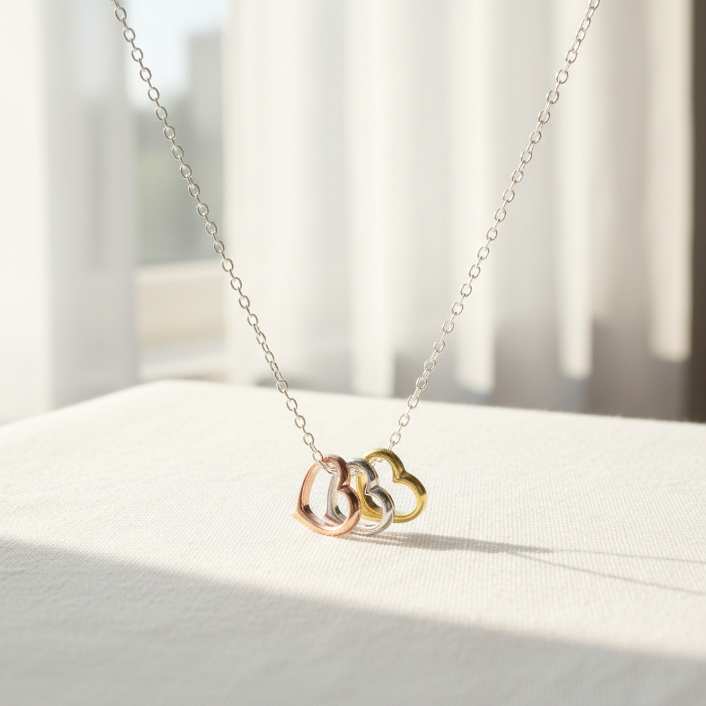 Tri Tone Heart Necklace Yellow Rose Gold Plated 925 Sterling Silver 9mm 15.75+2"