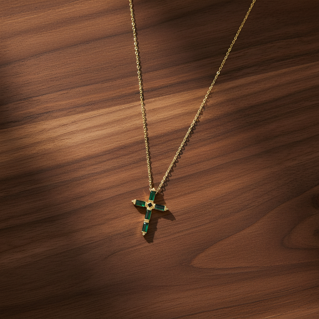 Green CZ Baguette Cross Necklace 14K Gold Plated 925 Silver 20mm 16+2